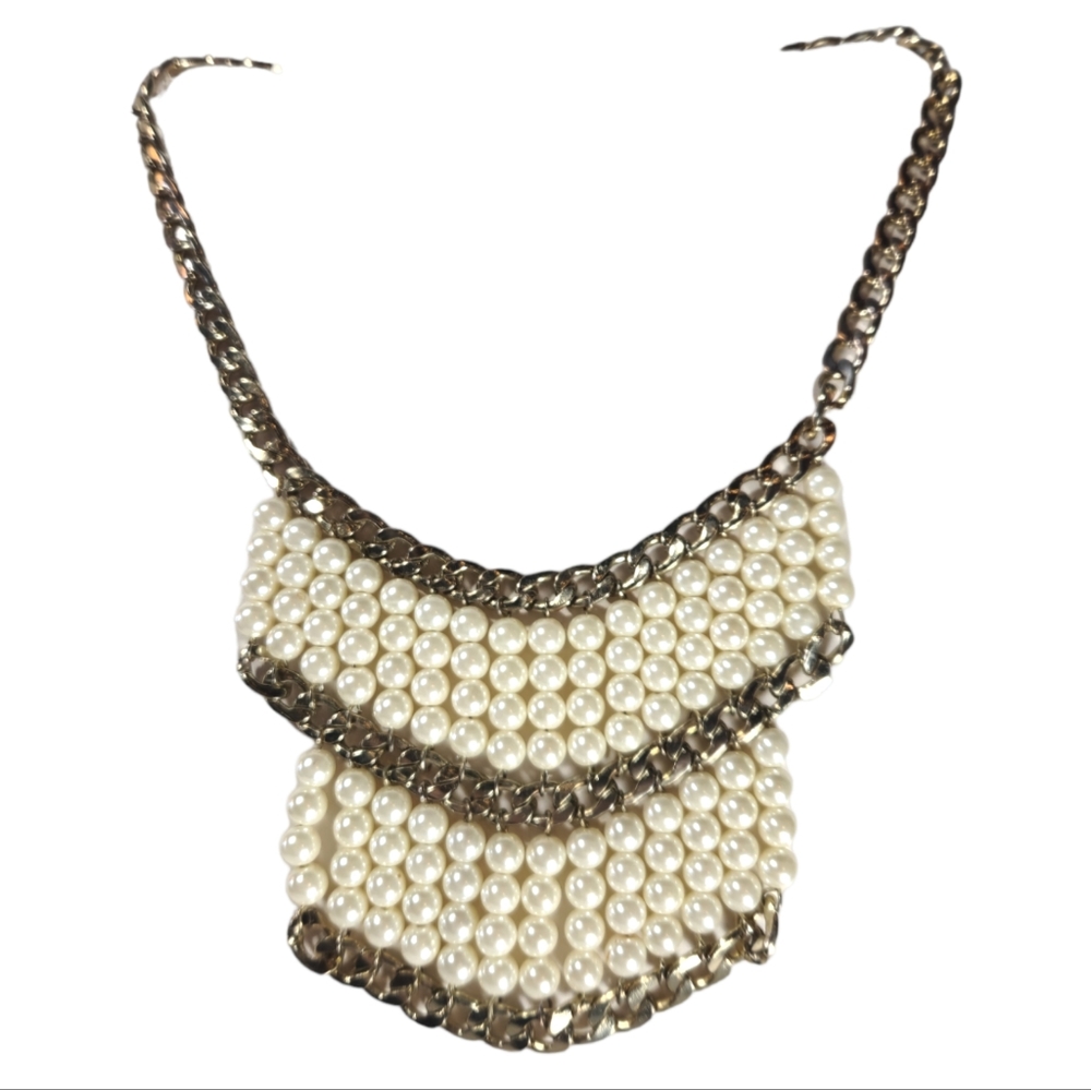 Gold Chain and White Faux Pearl Beaded 2-Tier Necklace